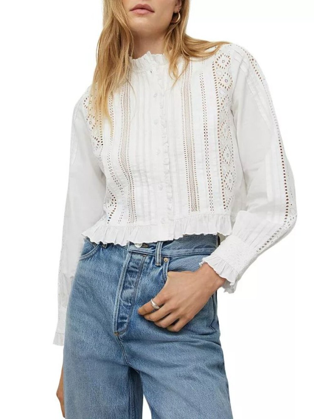 All Saints White Lace-Panel Ruffle Blouse
